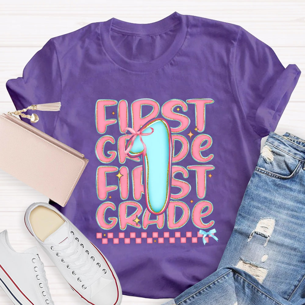 Personalized Grade First Grade Pink Small Square Teacher T-shirt