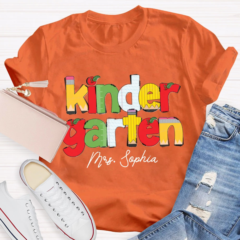 Personalized Name And Grade Kinder Garten Apple Letters Teacher T-shirt