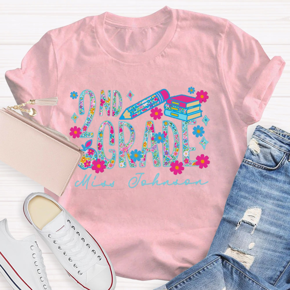 Personalized Name And Grade Second Grade Colorful Tie-Dye Print And Pink Flowers T-shirt