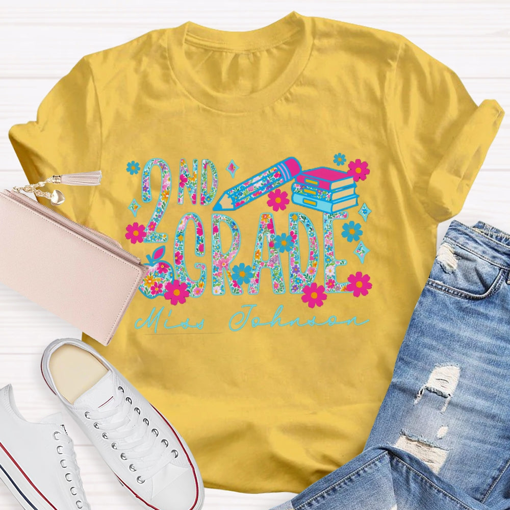 Personalized Name And Grade Second Grade Colorful Tie-Dye Print And Pink Flowers T-shirt