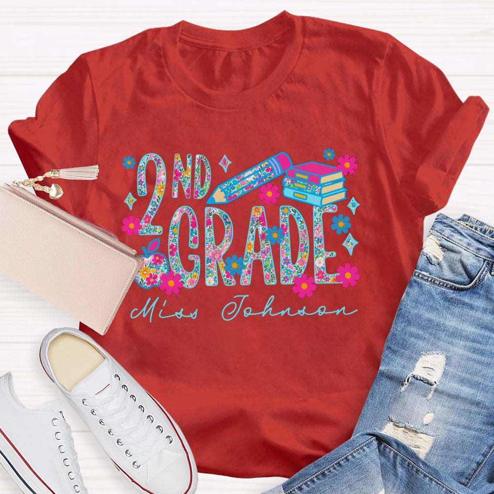 Personalized Name And Grade Second Grade Colorful Tie-Dye Print And Pink Flowers T-shirt