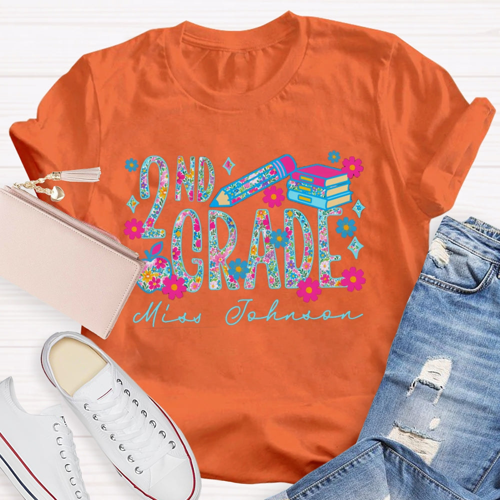 Personalized Name And Grade Second Grade Colorful Tie-Dye Print And Pink Flowers T-shirt