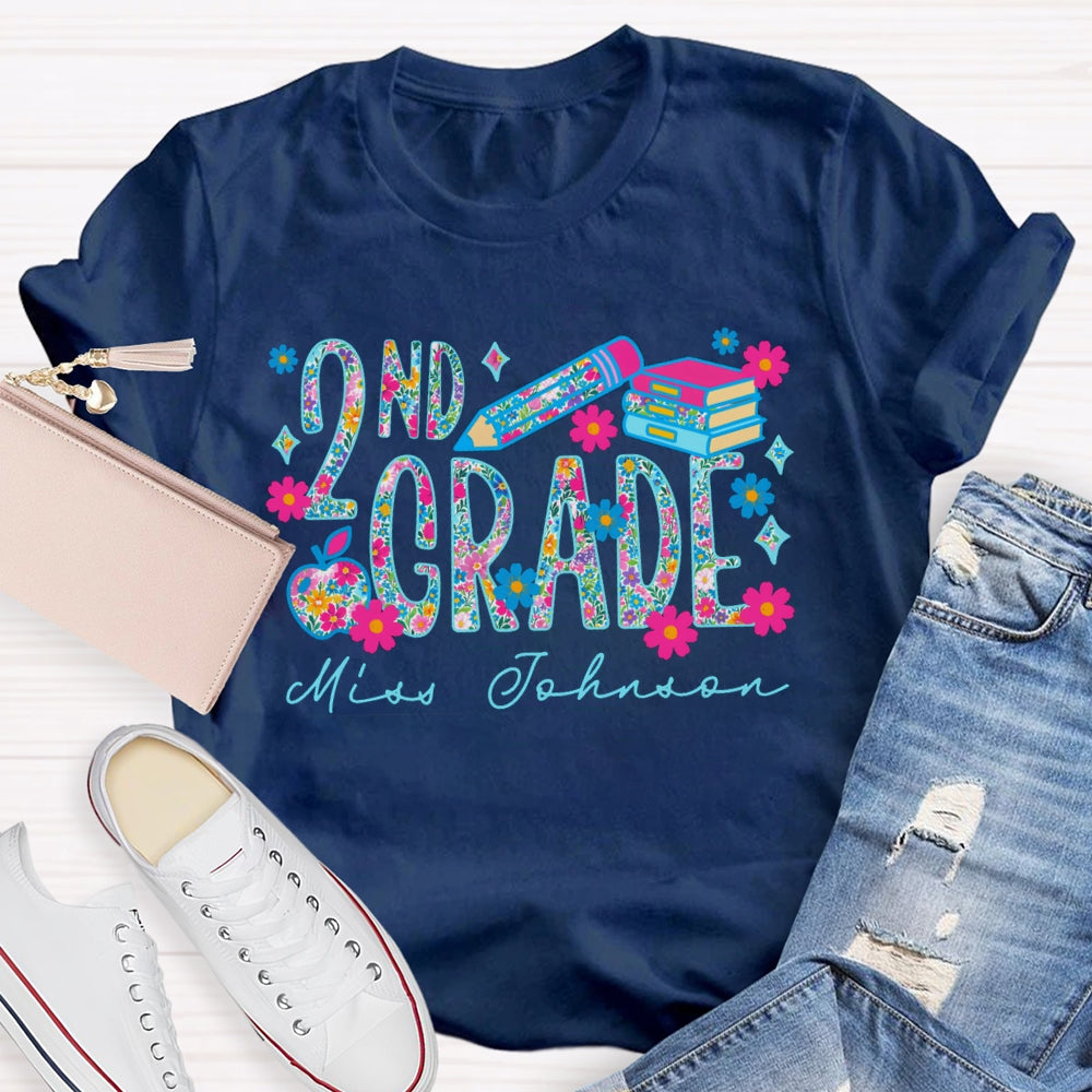 Personalized Name And Grade Second Grade Colorful Tie-Dye Print And Pink Flowers T-shirt