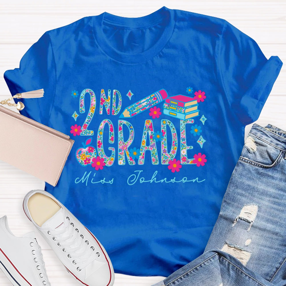 Personalized Name And Grade Second Grade Colorful Tie-Dye Print And Pink Flowers T-shirt