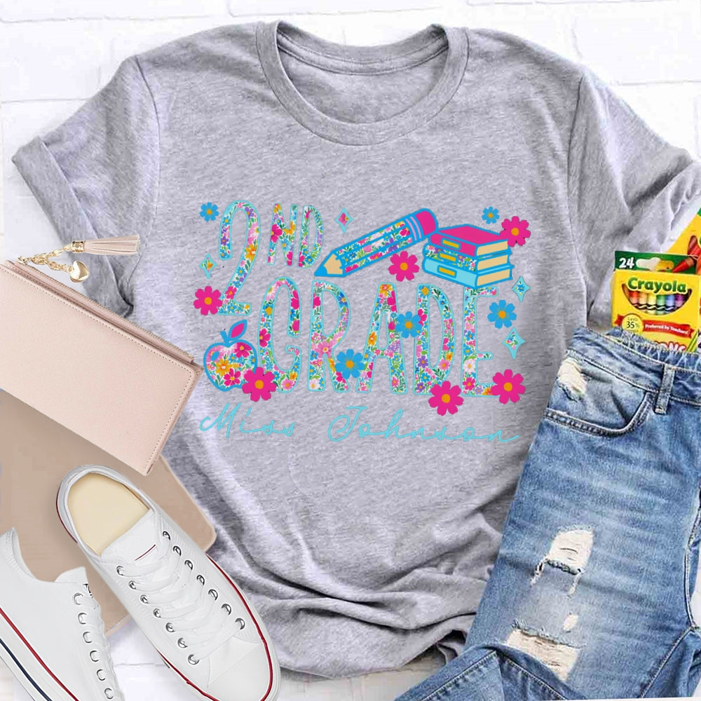 Personalized Name And Grade Second Grade Colorful Tie-Dye Print And Pink Flowers T-shirt