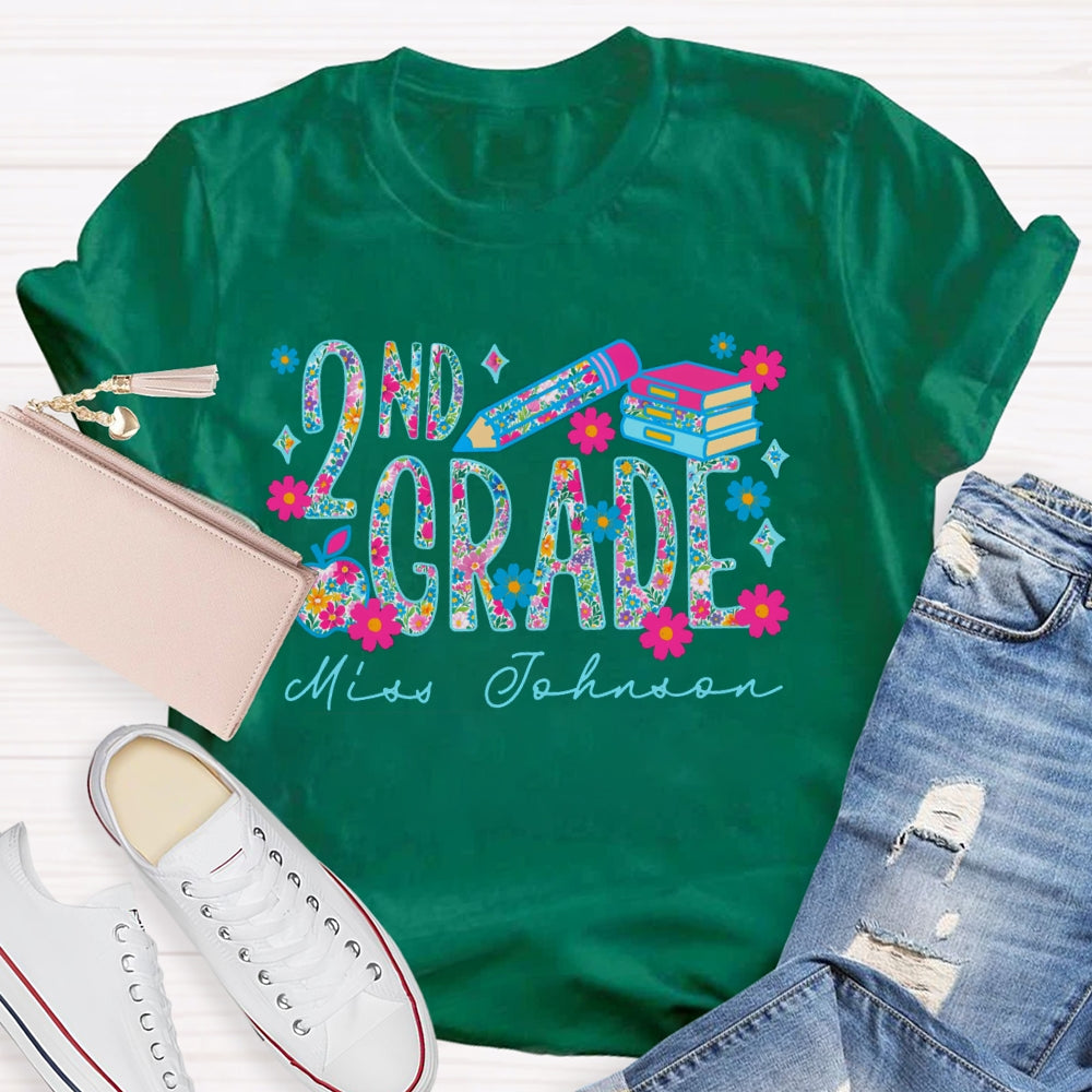 Personalized Name And Grade Second Grade Colorful Tie-Dye Print And Pink Flowers T-shirt