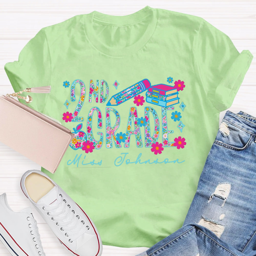Personalized Name And Grade Second Grade Colorful Tie-Dye Print And Pink Flowers T-shirt