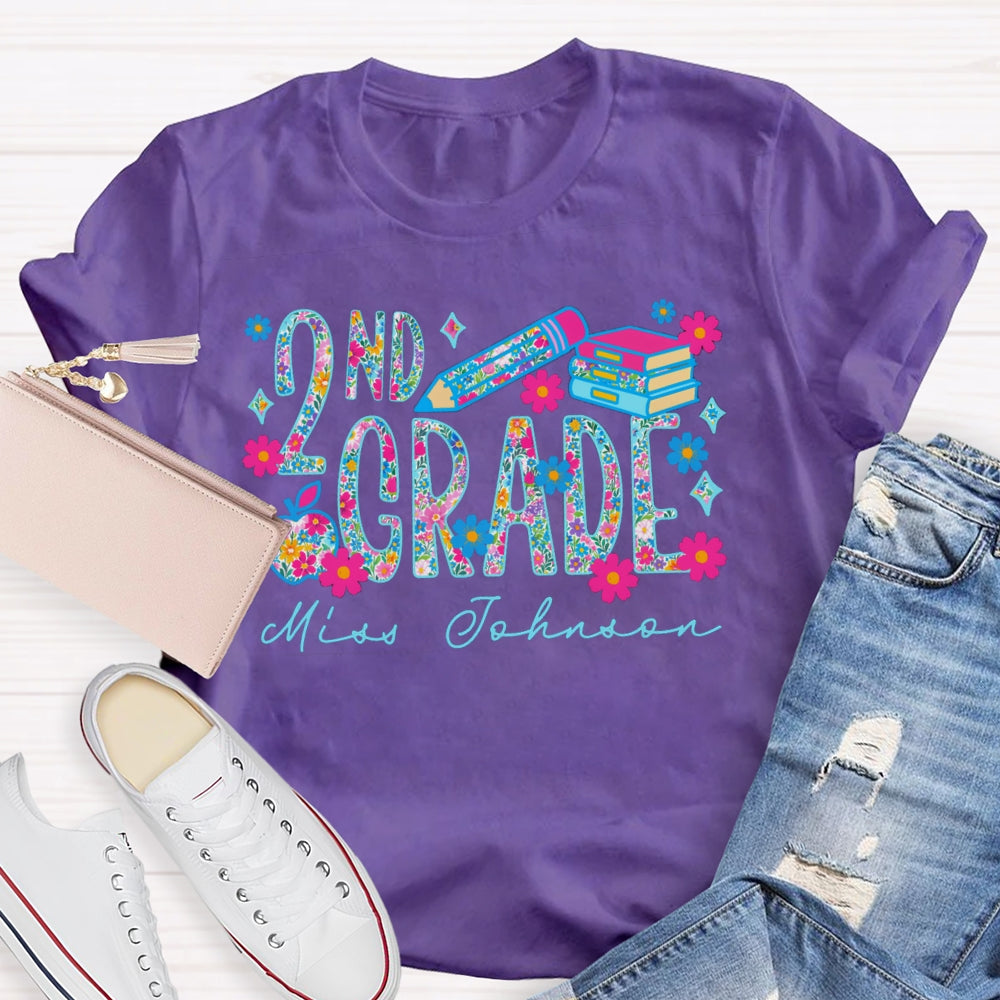Personalized Name And Grade Second Grade Colorful Tie-Dye Print And Pink Flowers T-shirt