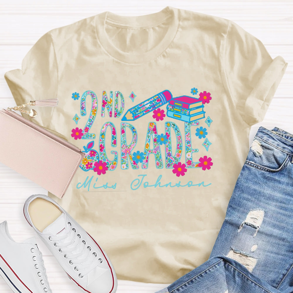 Personalized Name And Grade Second Grade Colorful Tie-Dye Print And Pink Flowers T-shirt