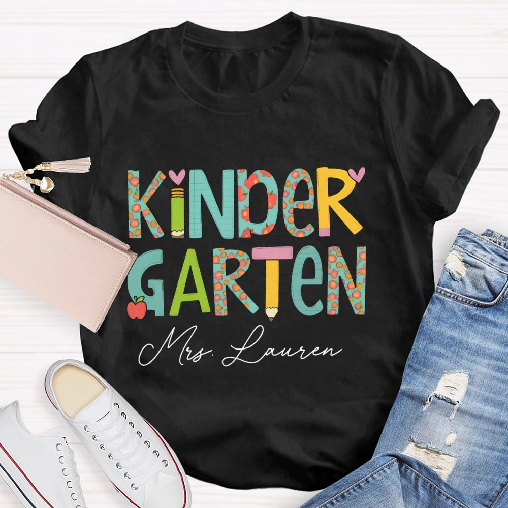 Personalized Name Kinder Garten Tie Dye Apple Letters Teacher T-shirt
