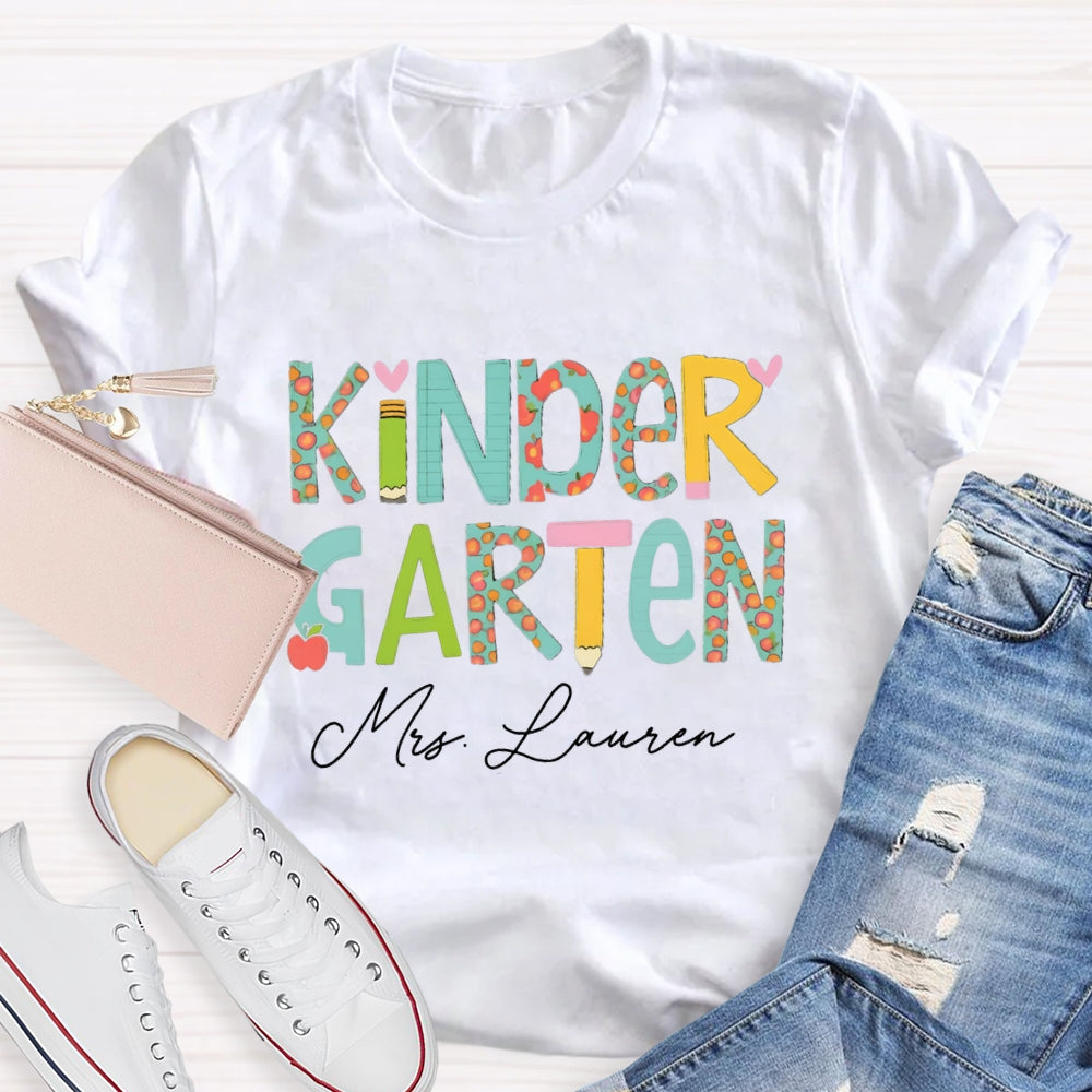 Personalized Name Kinder Garten Tie Dye Apple Letters Teacher T-shirt