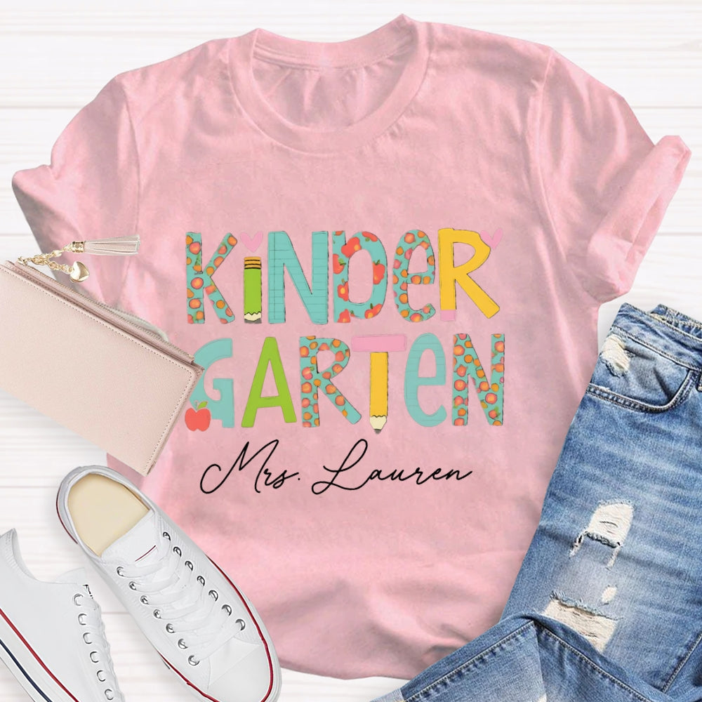 Personalized Name Kinder Garten Tie Dye Apple Letters Teacher T-shirt