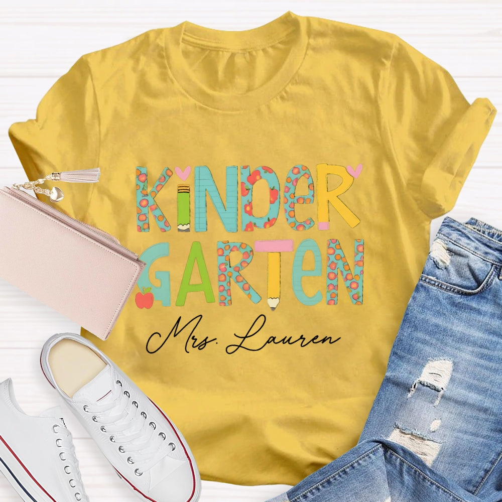 Personalized Name Kinder Garten Tie Dye Apple Letters Teacher T-shirt
