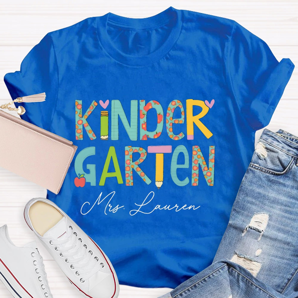 Personalized Name Kinder Garten Tie Dye Apple Letters Teacher T-shirt