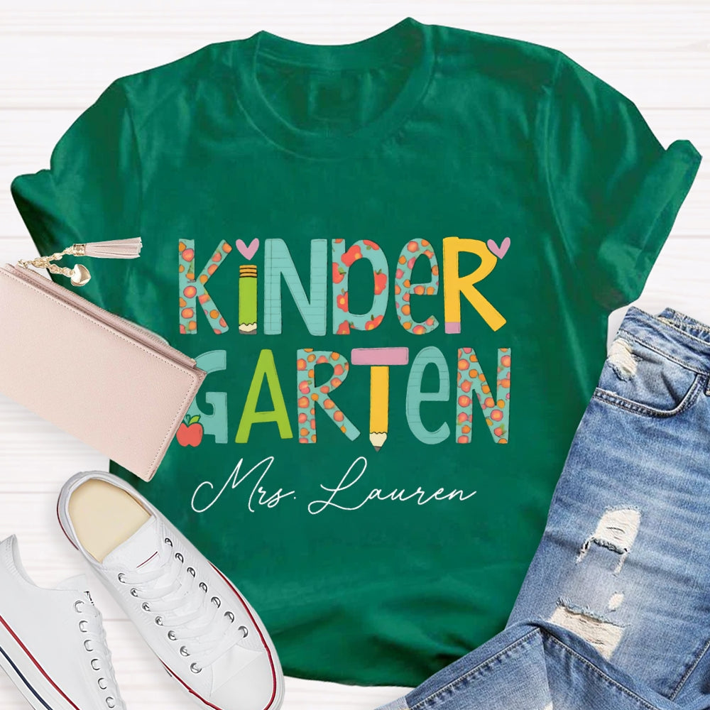 Personalized Name Kinder Garten Tie Dye Apple Letters Teacher T-shirt
