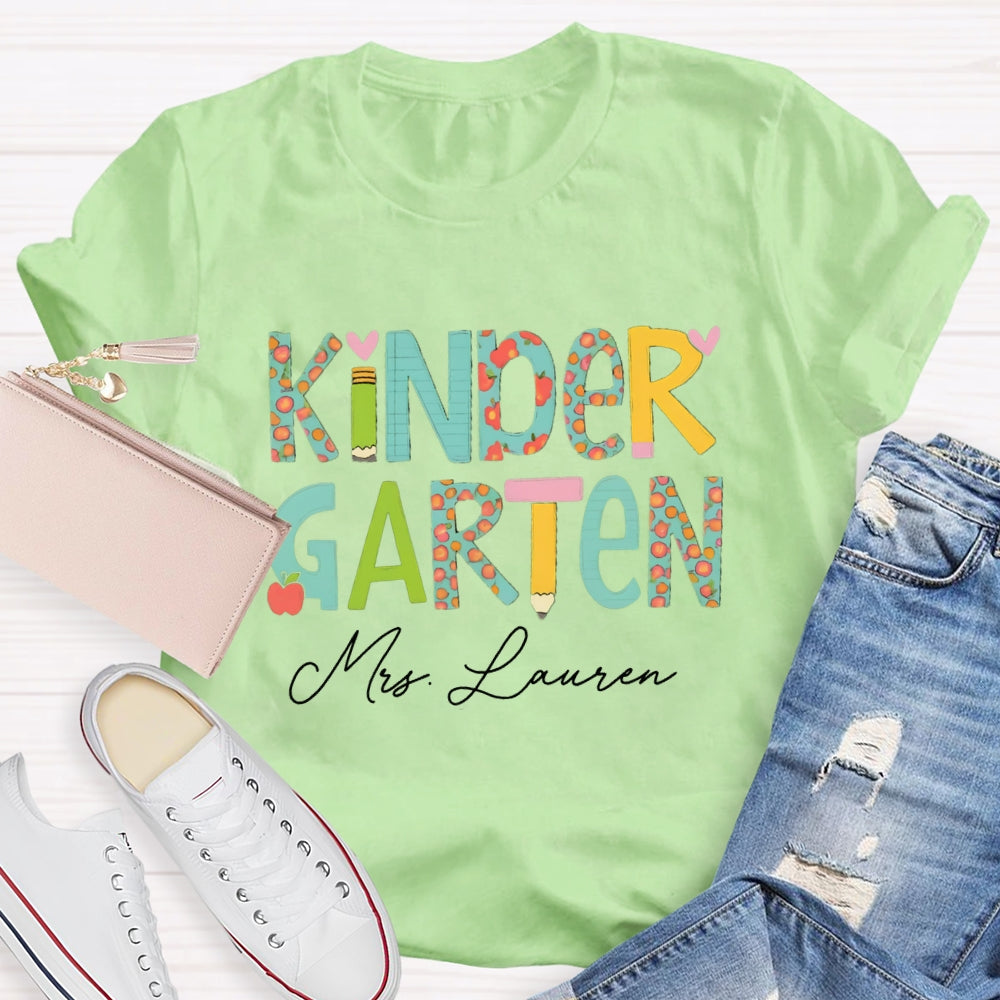 Personalized Name Kinder Garten Tie Dye Apple Letters Teacher T-shirt