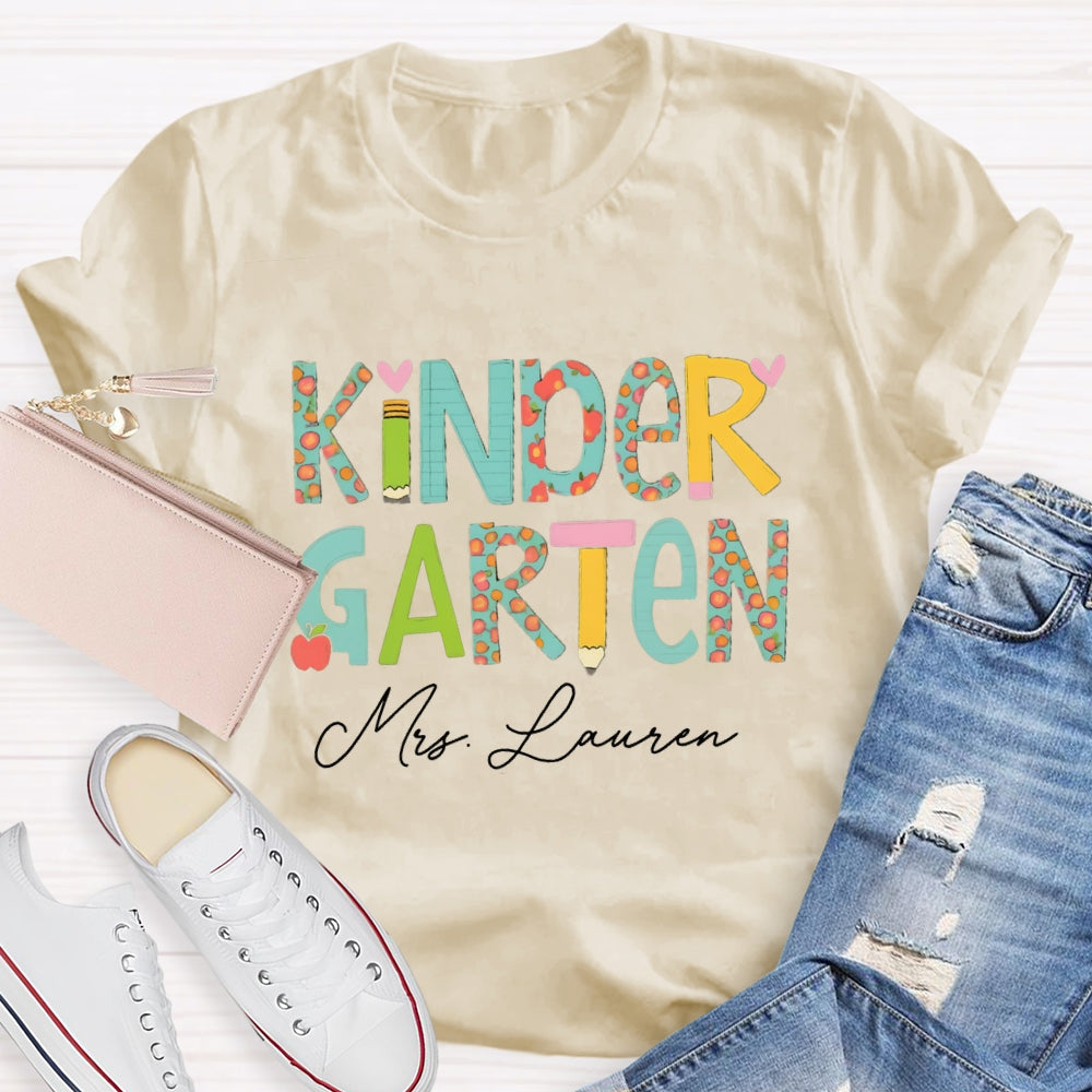 Personalized Name Kinder Garten Tie Dye Apple Letters Teacher T-shirt