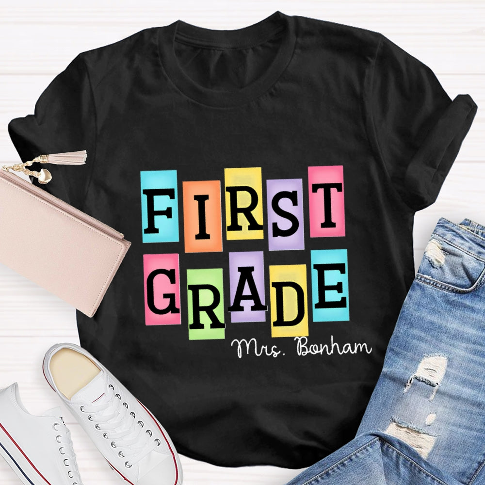 Personalized Grade And Name Colourful Rectangular Print T-Shirt