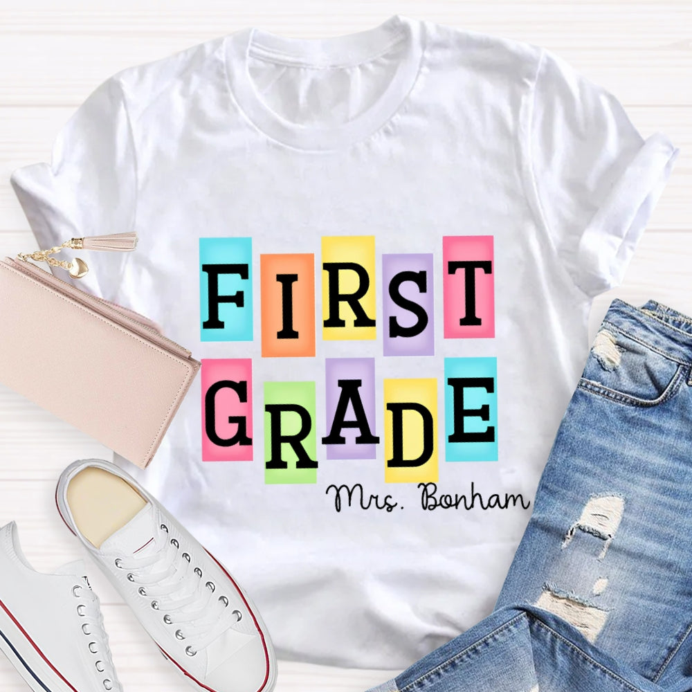 Personalized Grade And Name Colourful Rectangular Print T-Shirt