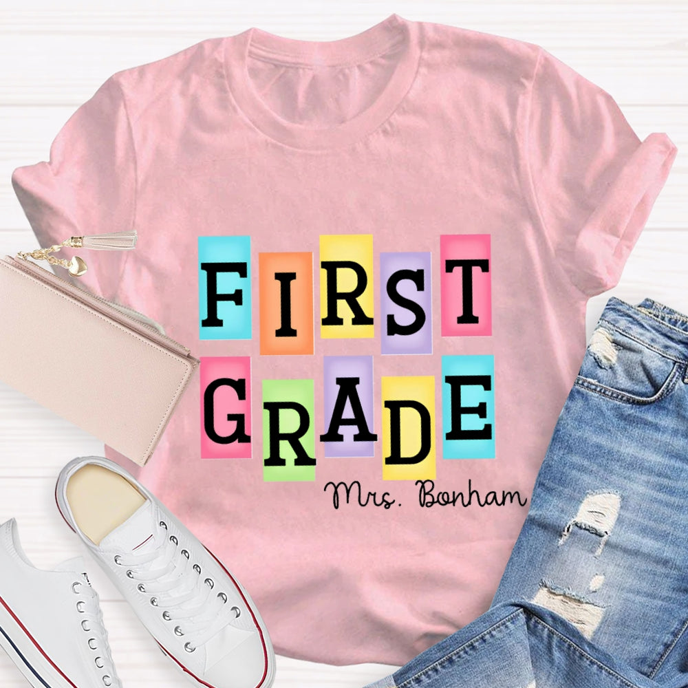 Personalized Grade And Name Colourful Rectangular Print T-Shirt