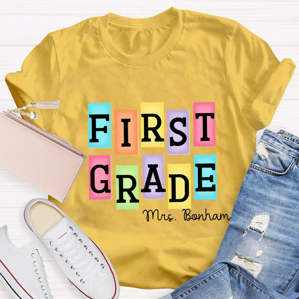 Personalized Grade And Name Colourful Rectangular Print T-Shirt