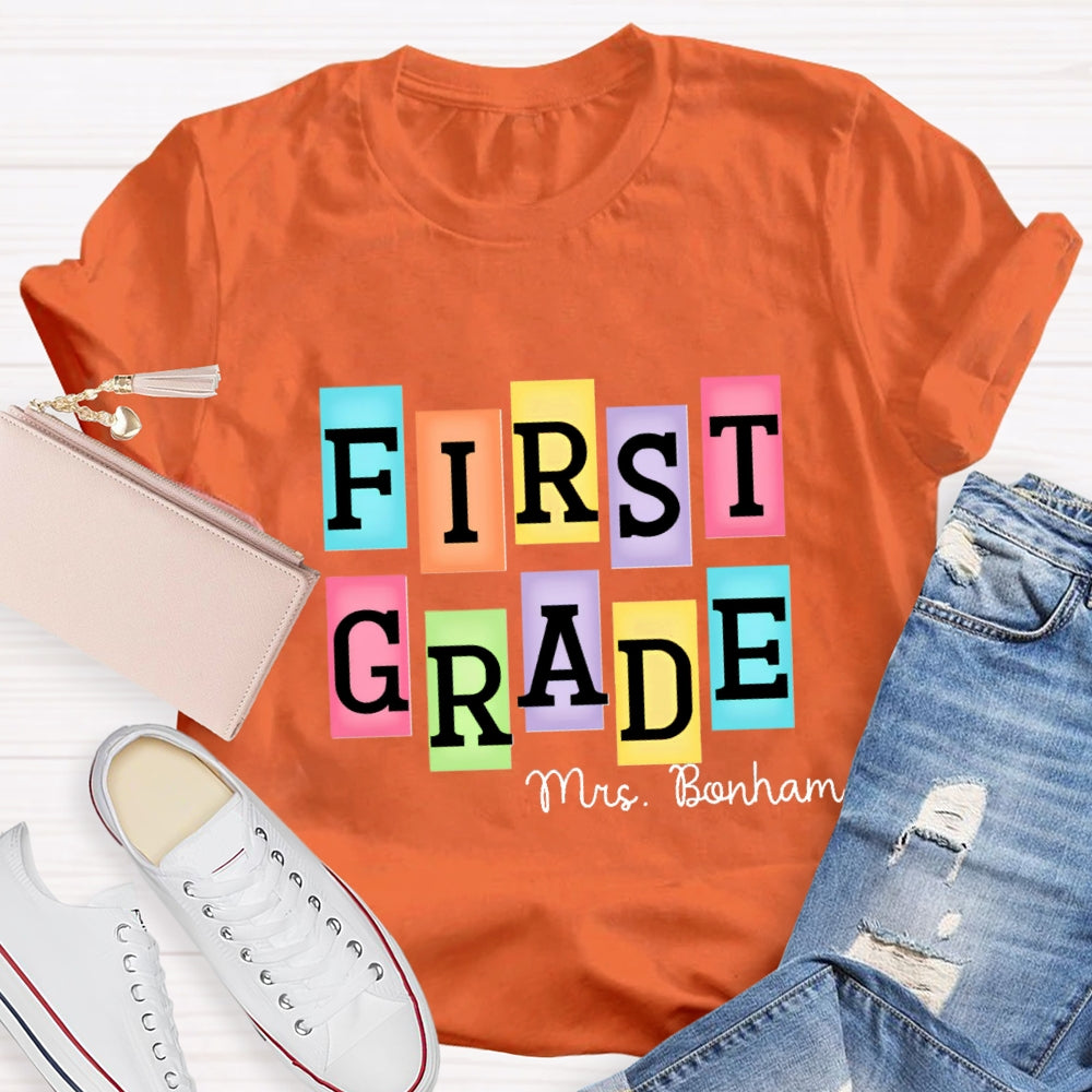 Personalized Grade And Name Colourful Rectangular Print T-Shirt