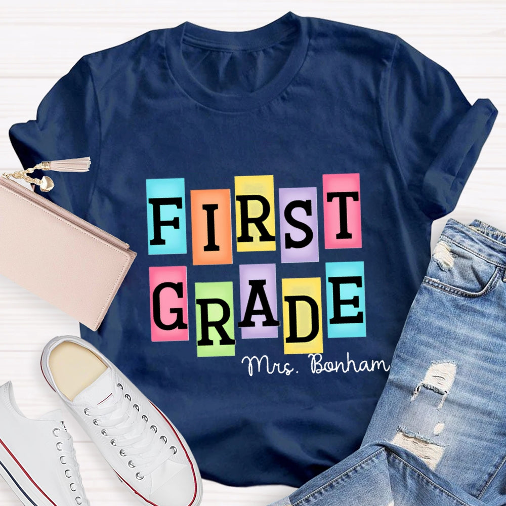 Personalized Grade And Name Colourful Rectangular Print T-Shirt