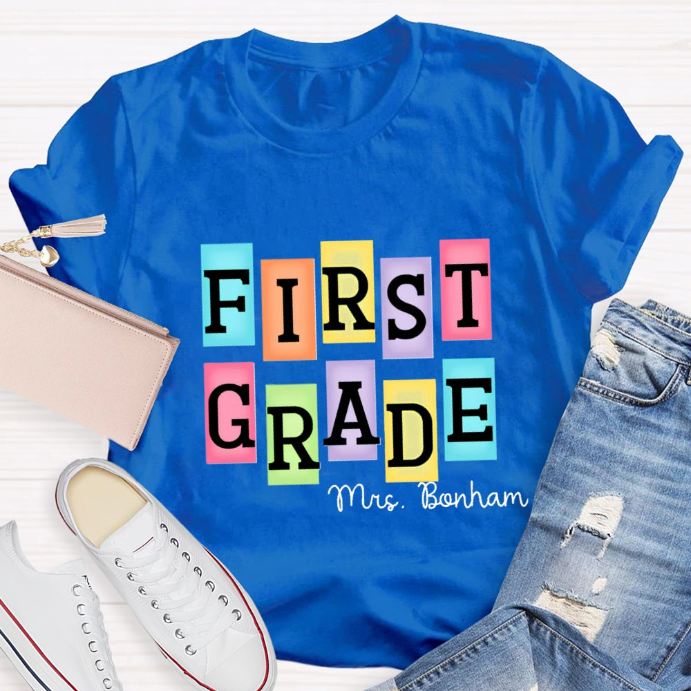 Personalized Grade And Name Colourful Rectangular Print T-Shirt