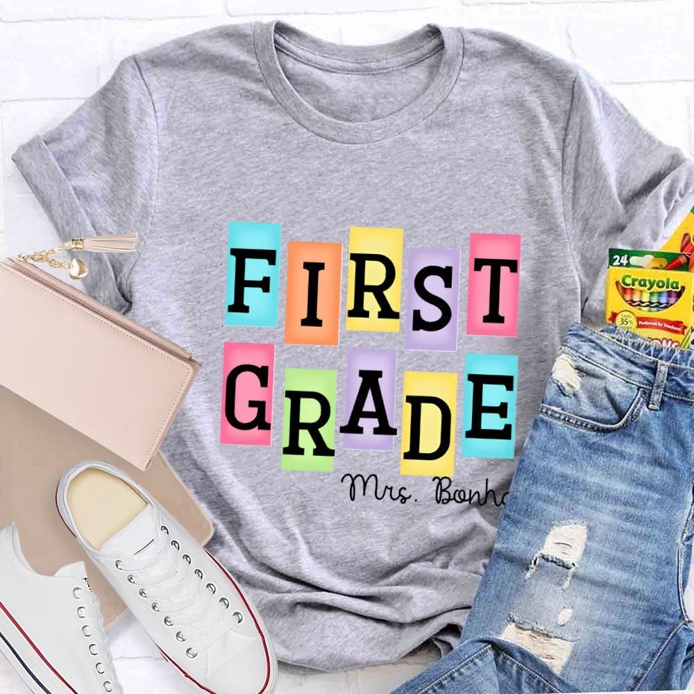 Personalized Grade And Name Colourful Rectangular Print T-Shirt