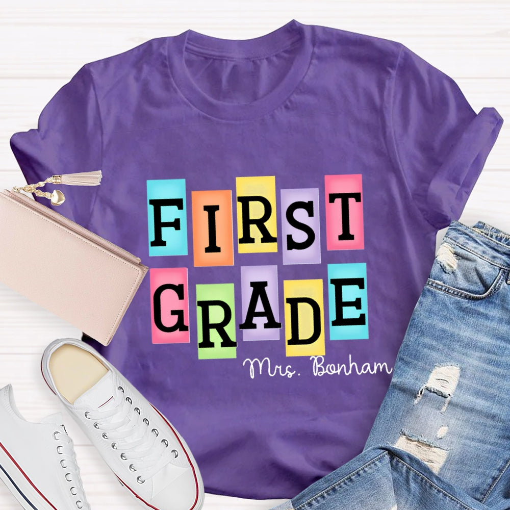 Personalized Grade And Name Colourful Rectangular Print T-Shirt