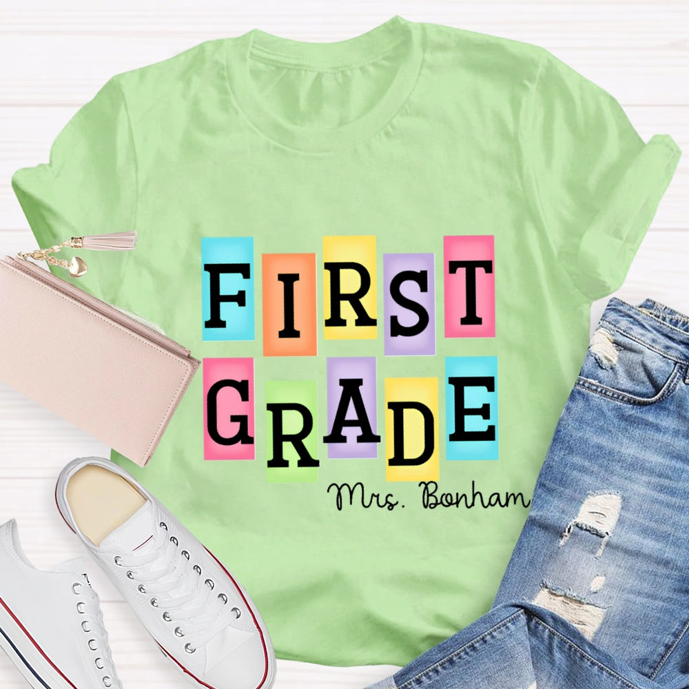 Personalized Grade And Name Colourful Rectangular Print T-Shirt