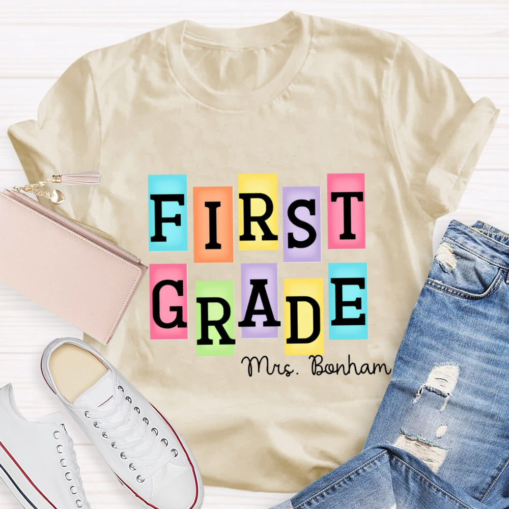 Personalized Grade And Name Colourful Rectangular Print T-Shirt