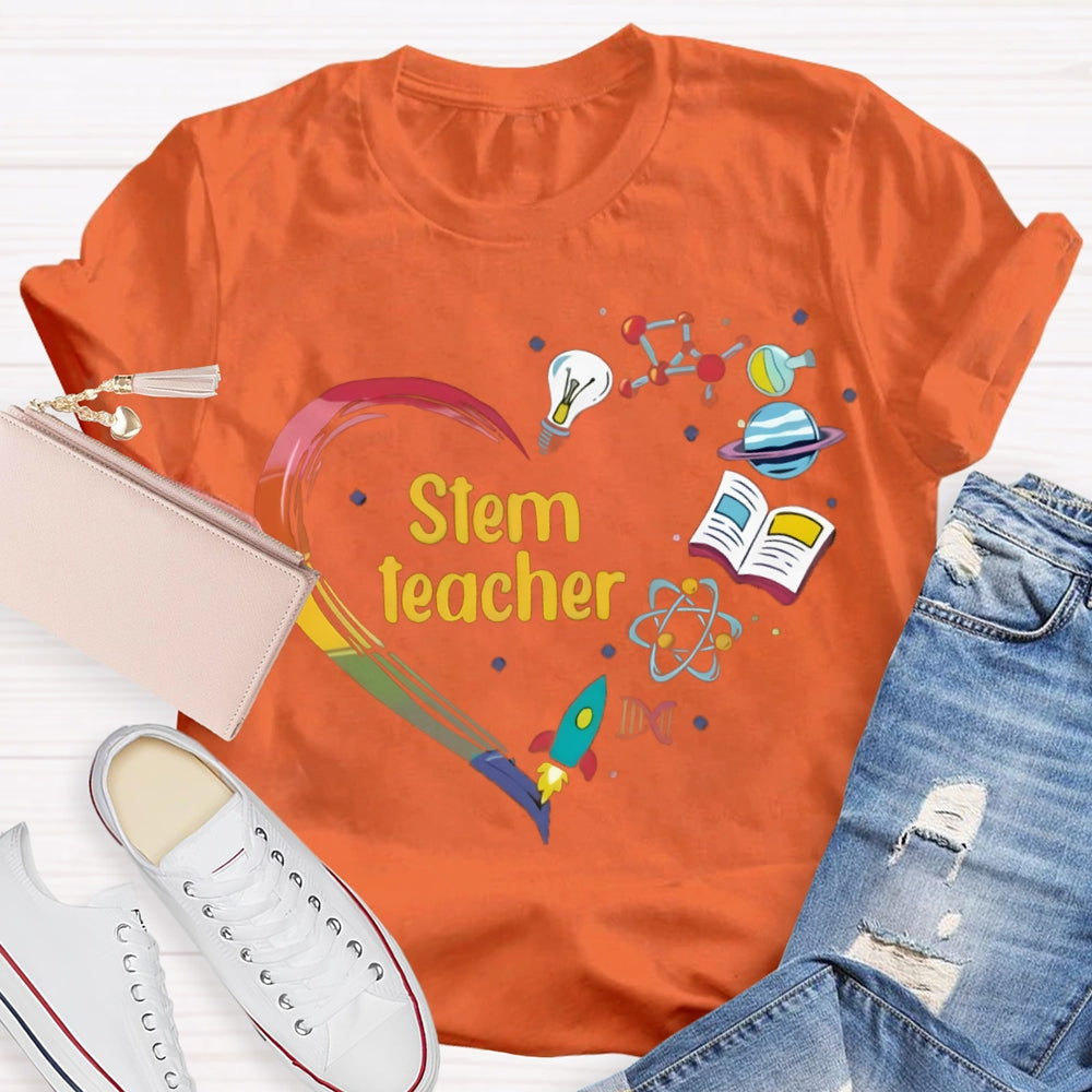 Stem A Heart Made Of Light Bulbs, School Bags And Airplanes Science Math Art And Chemistry Teacher T-shirt