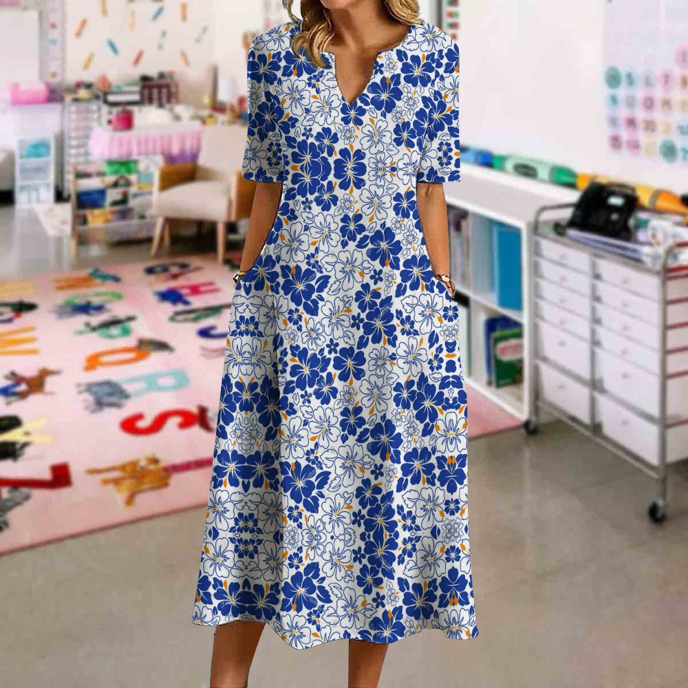Simple Blue And White Floral Print Dress