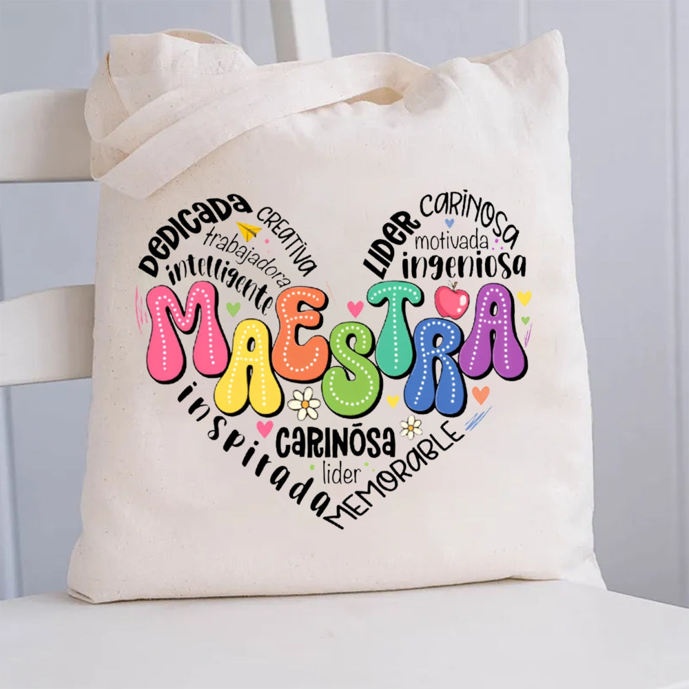 Maestra Spanish Heart Printed Teacher Tote Bag