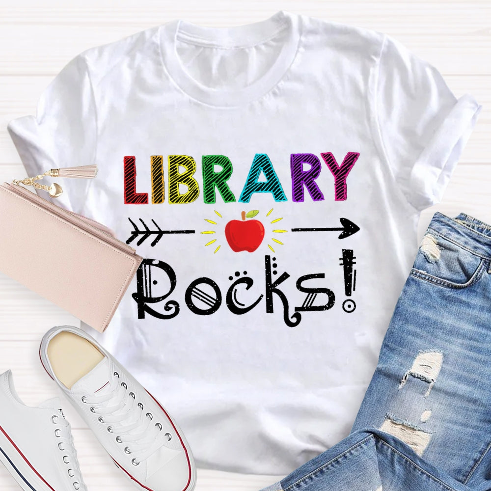 Library Rocks Colorful Striped Letters And Apple T-shirt