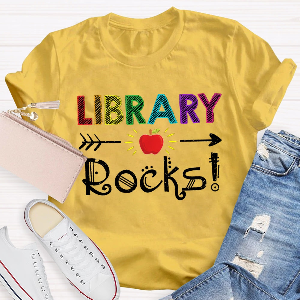 Library Rocks Colorful Striped Letters And Apple T-shirt