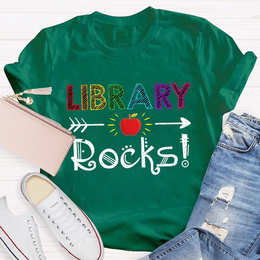 Library Rocks Colorful Striped Letters And Apple T-shirt