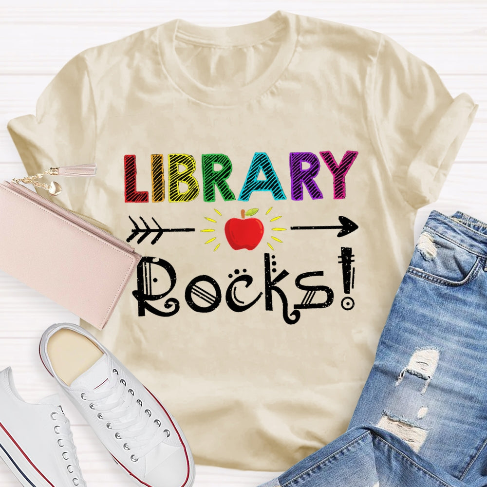 Library Rocks Colorful Striped Letters And Apple T-shirt