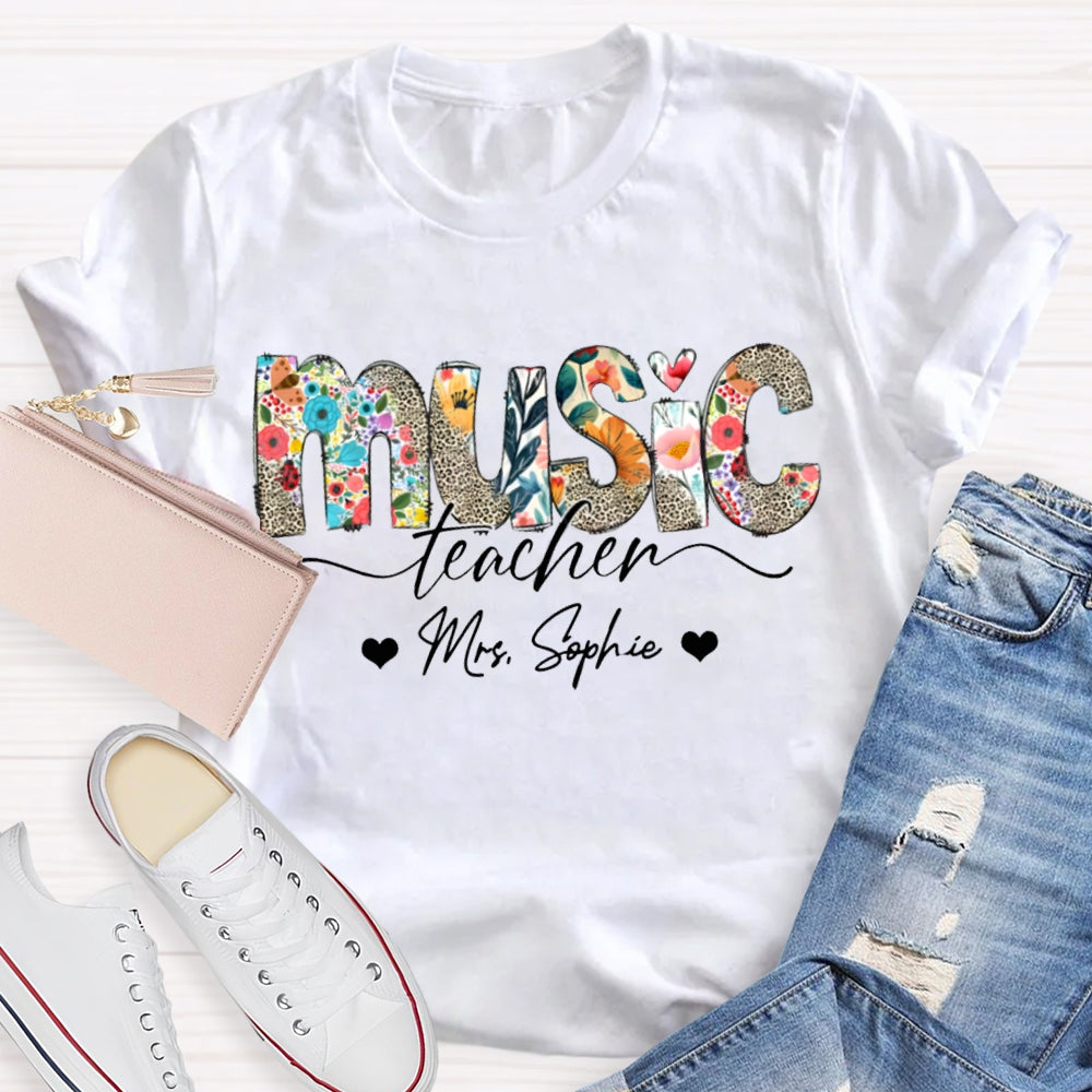 Personalized Name Music Teacher Colorful Print And Leopard Print Monogram T-shirt