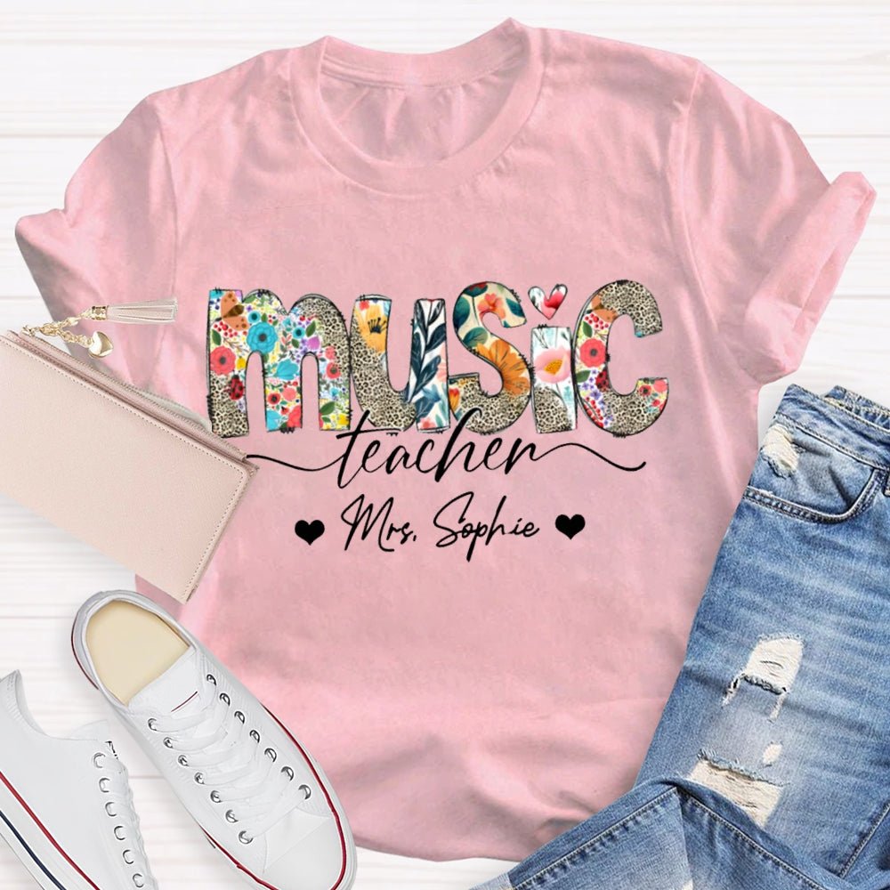 Personalized Name Music Teacher Colorful Print And Leopard Print Monogram T-shirt