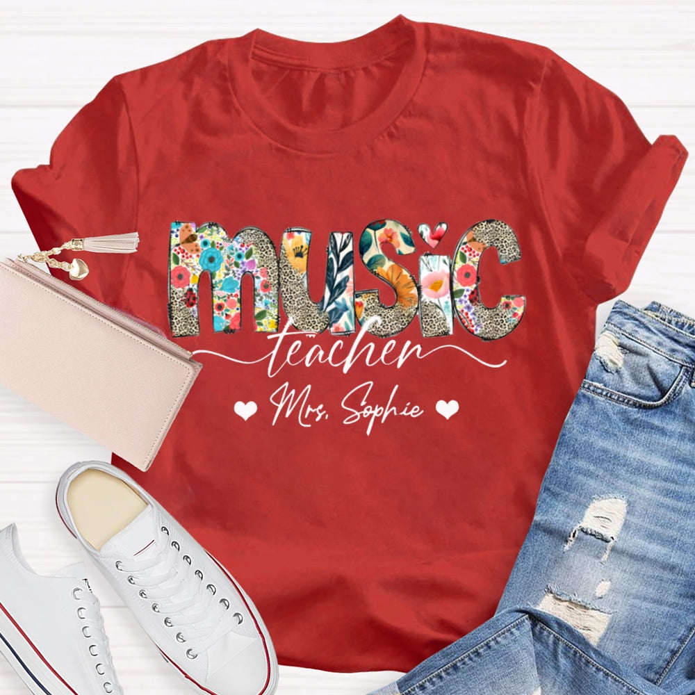 Personalized Name Music Teacher Colorful Print And Leopard Print Monogram T-shirt