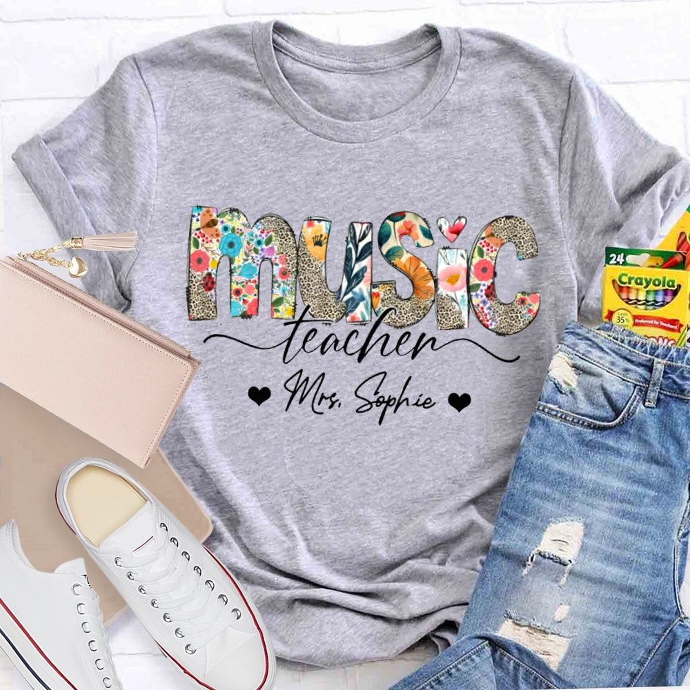 Personalized Name Music Teacher Colorful Print And Leopard Print Monogram T-shirt