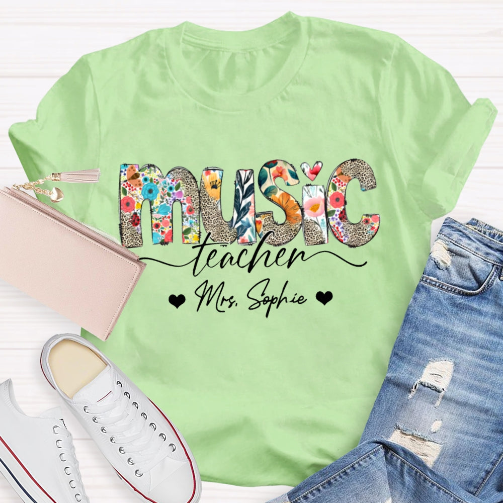 Personalized Name Music Teacher Colorful Print And Leopard Print Monogram T-shirt