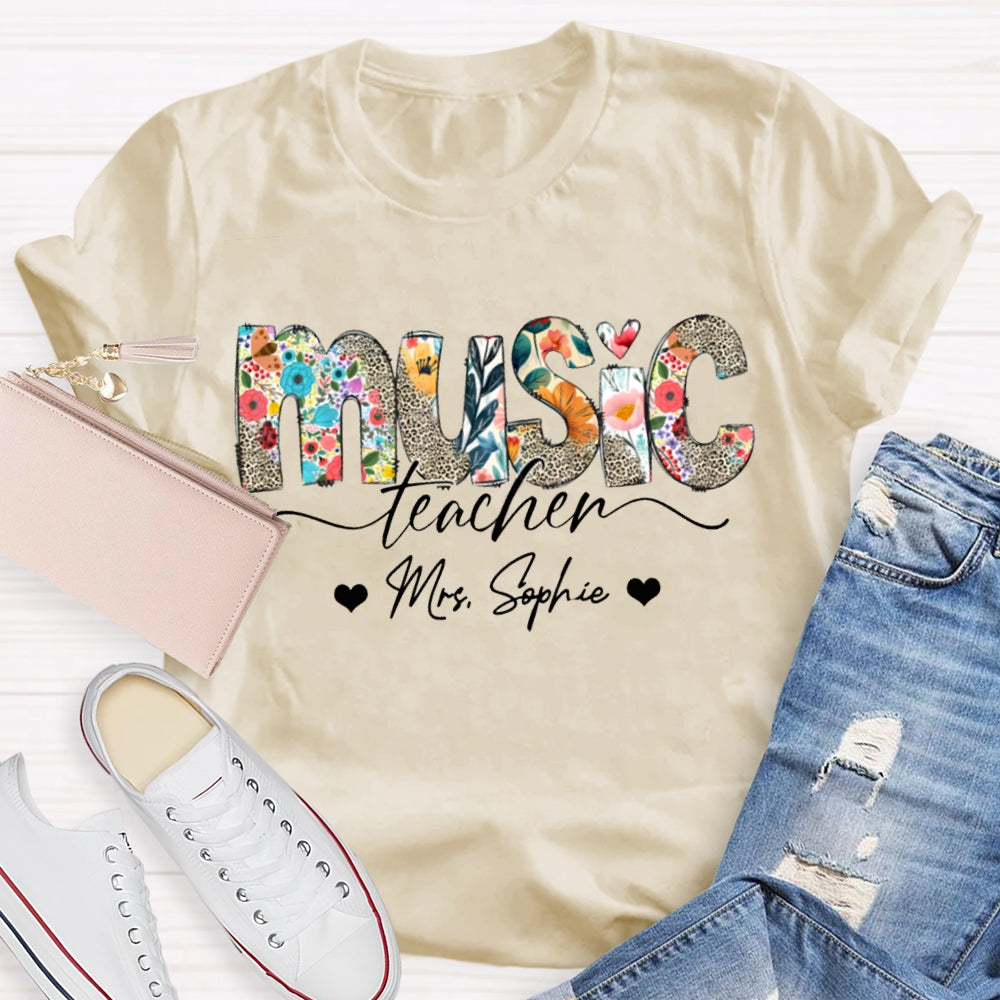 Personalized Name Music Teacher Colorful Print And Leopard Print Monogram T-shirt