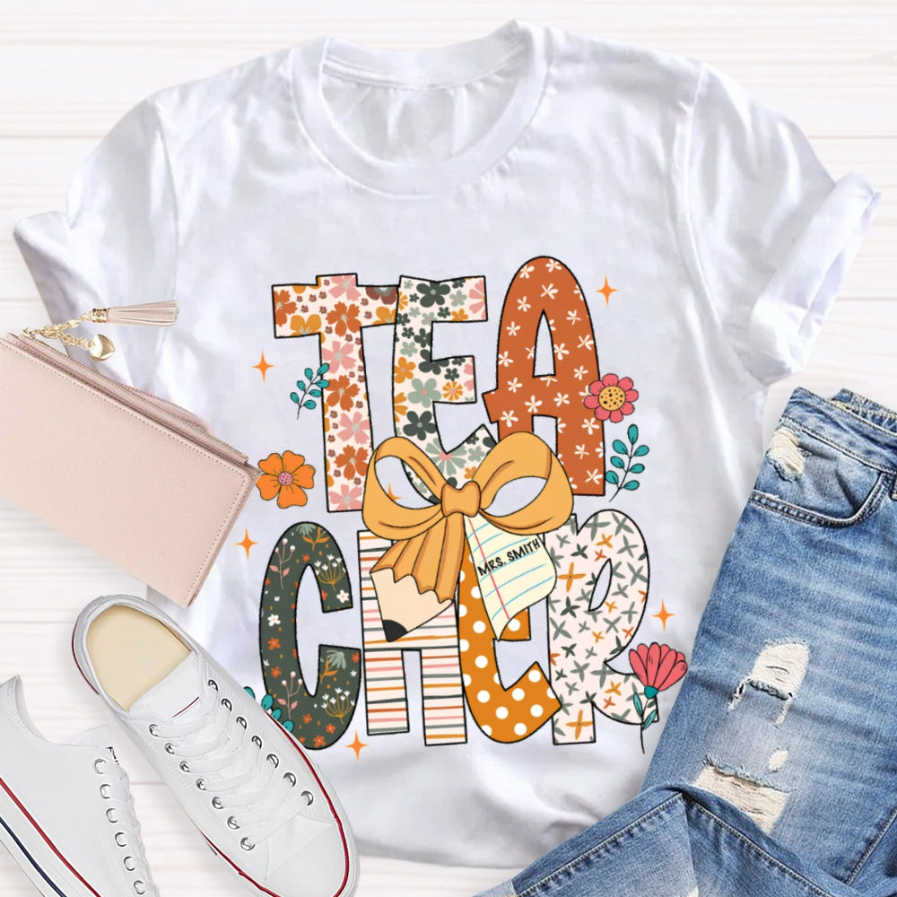 Personalized Name Teacher Pattern Letter Bow T-shirt
