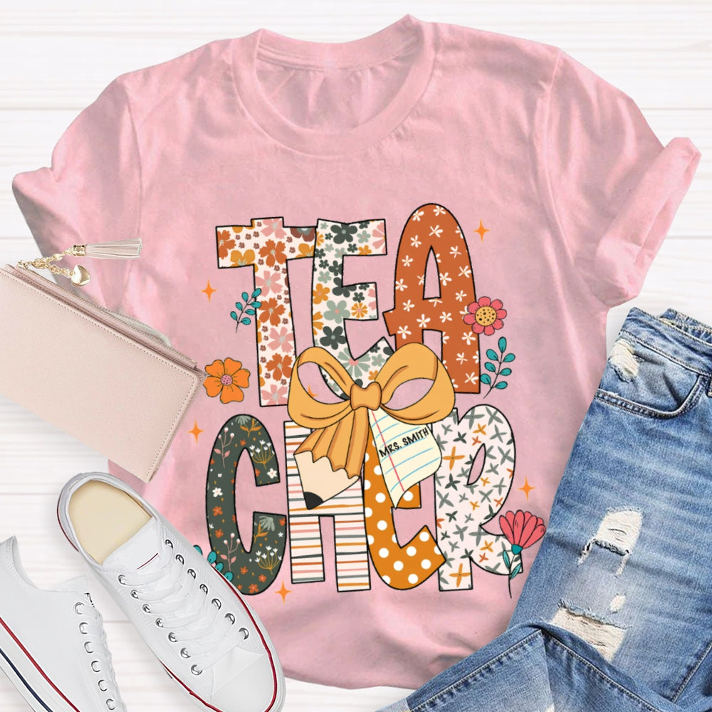 Personalized Name Teacher Pattern Letter Bow T-shirt