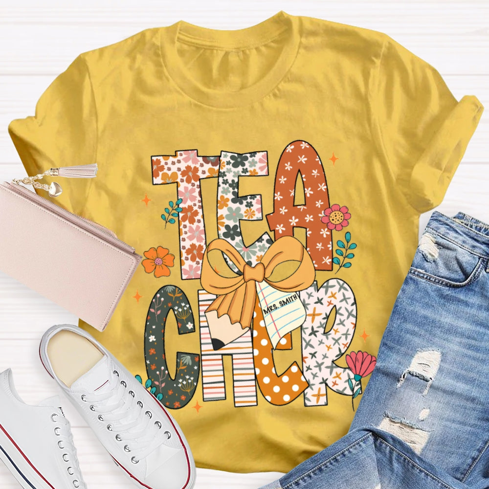 Personalized Name Teacher Pattern Letter Bow T-shirt
