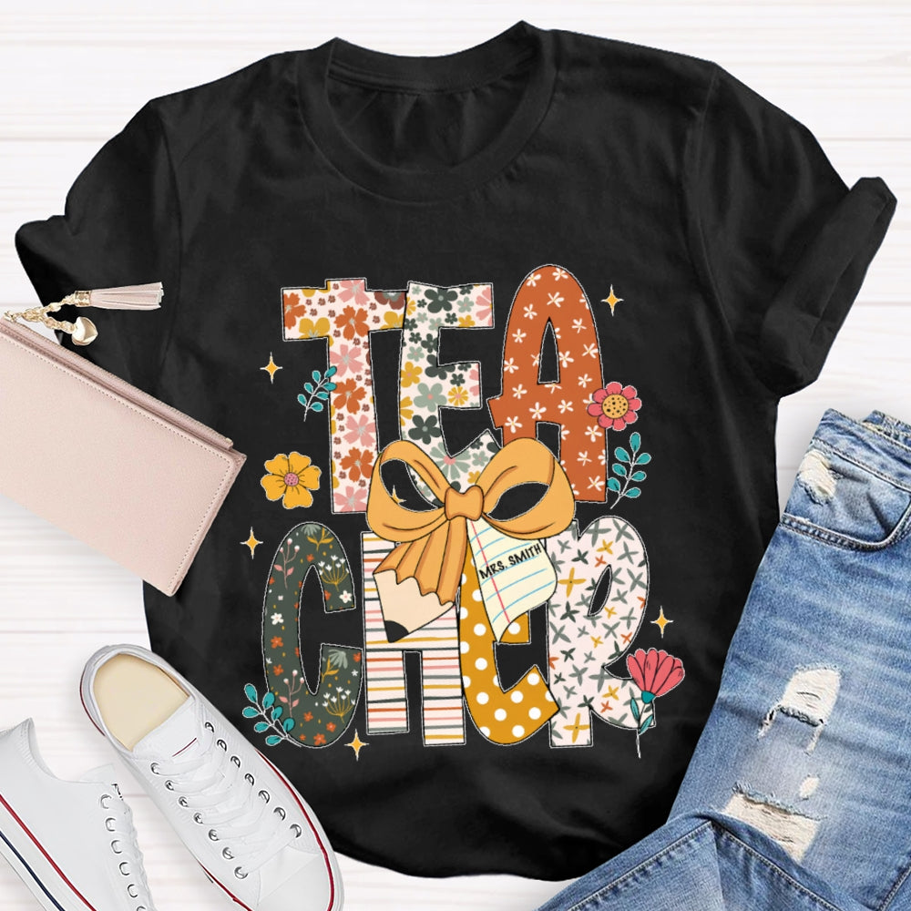 Personalized Name Teacher Pattern Letter Bow T-shirt
