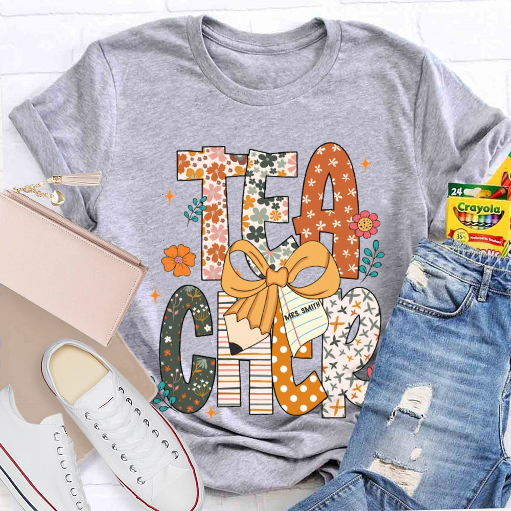 Personalized Name Teacher Pattern Letter Bow T-shirt